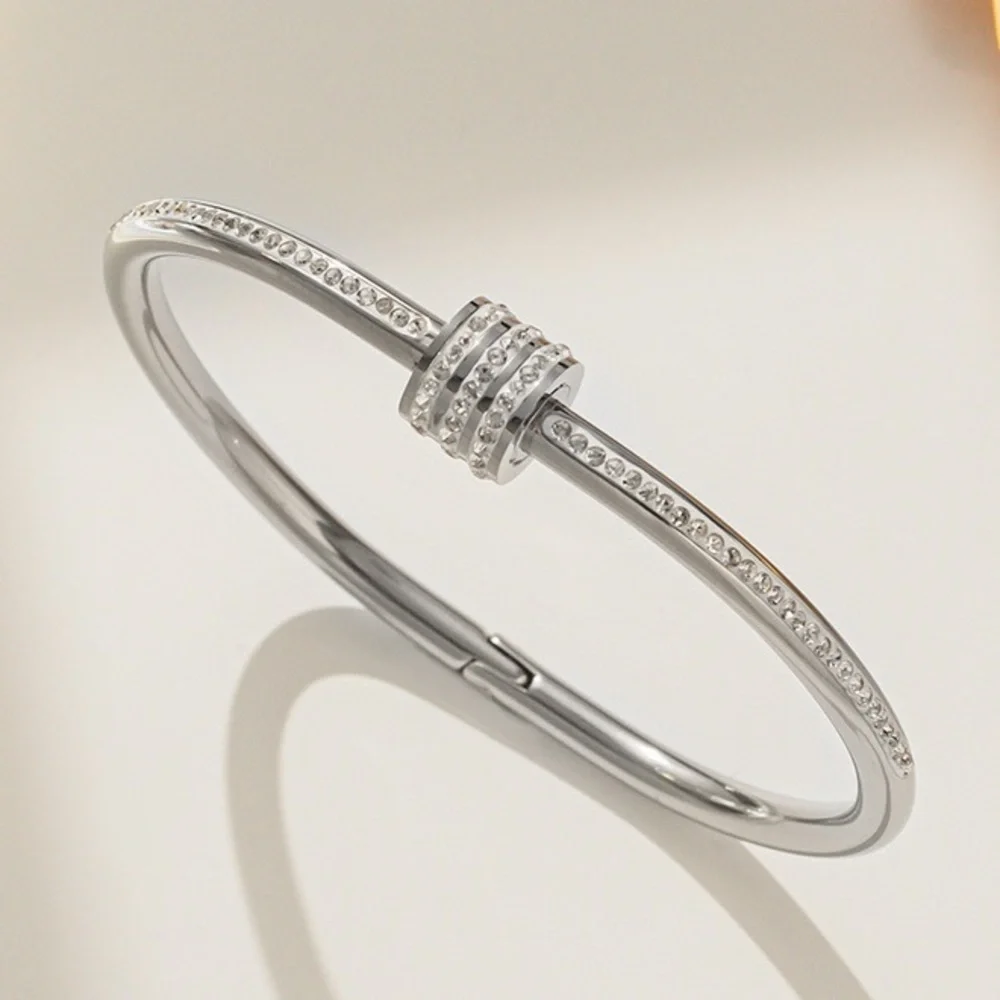 Silver Titanium Steel Cubic Zirconia Gold Plated Hinged Bangle Screw Bracelet - Picture 1 of 1